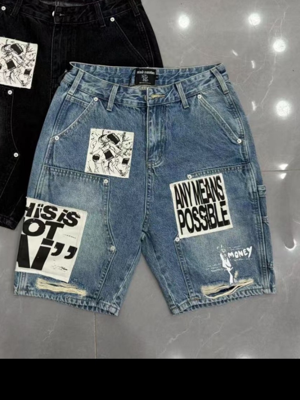 Mixed emotion Any Means Possible Patchwork Denim Shorts - Men’s Blue size 36